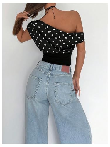 GORGLITTER Women's Polka Dots One Shoulder Y2k Crop Tops Asymmetrical Neck Short Sleeve T Shirt3