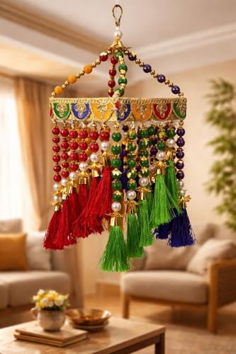 Image of Handmade Traditional Colorful Moti Jhumar Wall & Door Hanging - Artisanal Beaded Toran with Center Latkan Design, Bandarwal for Home Entrance, Festive Decoration, Pooja Room (Pack of 1)