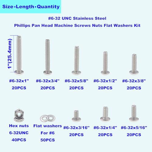 #6-32 UNC Stainless Steel Phillips Pan Head Machine Screws Nuts Flat Washers Assortment Kit