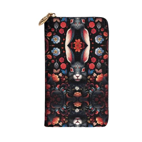 Stylish Black rabbit's face Prints Leather Wallet - Long Clutch for Women, RDurable Material, 12 Card Slots, Zipper Compartments2
