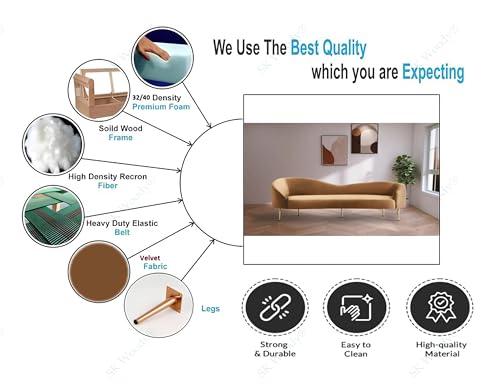 Image of Rosewood Luxury Curved Sofa in Premium Velvet-Fabric | Solid Wood Structure | High Density Foam | Sturdy Golden Legs | Comfortable & Stylish Couch for Modern Living Room (Saddle, 3 Seater)
