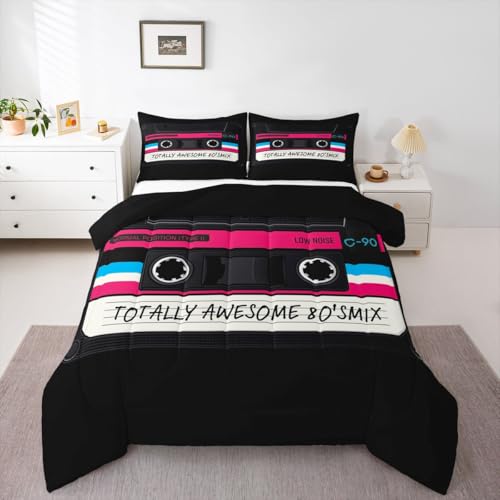 Erosebridal 80s Party Comforter Set Queen,Audio Cassette Bedding Set for Kids Children,Vintage Music Theme Duvet Insert,Retro Tape Quilted Comforter Music Art Style Duvet Set,Luxury Home Room Decor