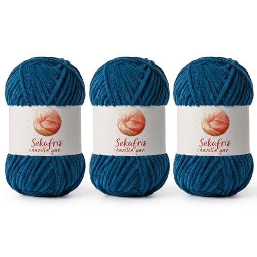 Image of Chenille Yarn for Crocheting, Size 5 Bulky,3 Denim Blue