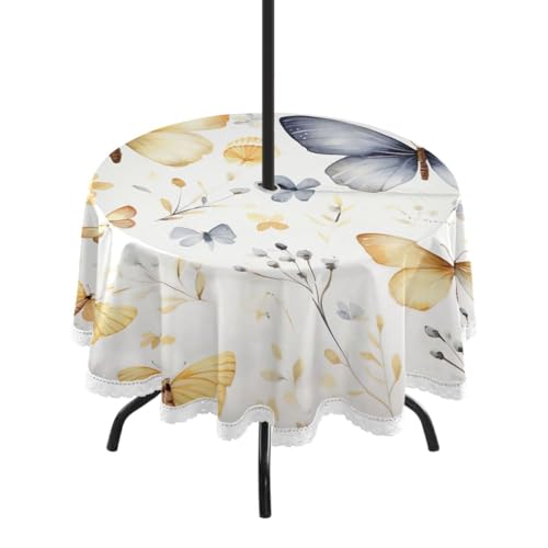 Wajiw 60 Inch Indoor Outdoor Round Tablecloth with Umbrella Hole and Zipper Waterproof Patio Table Cover for Camping Dining Room Party Outdoor Picnic,Butterflies