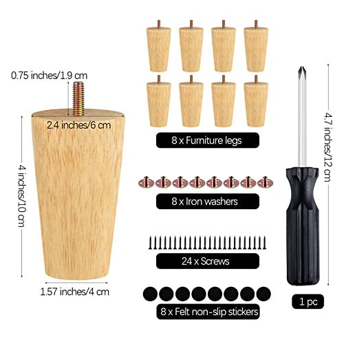 Turstin 8 Pieces Furniture Legs 4 Inches Round Solid Wood Furniture Feet Couch Legs Sofa Legs Replacement Legs For Armchair, Cabinet, Chair, Dresser Or Home Diy Projects, Natural Wood #TOP1