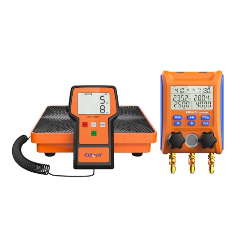 Balanza electrónica para refrigerantes Elitech LMC-100A+ de 220 lb con estuche y manómetro digital inalámbrico LMG-10W con mangueras miniatura 1