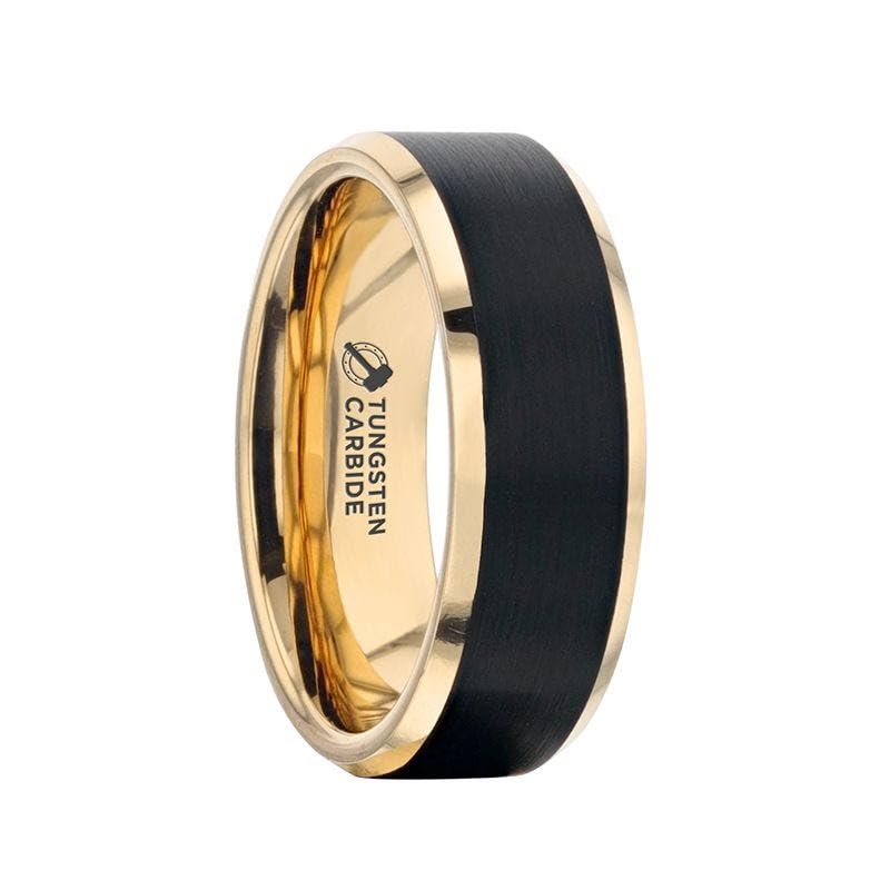 Thorsten Gaston Tungsten Wedding Ring for Men - Comfort Fit, Custom Engraved, Gold Plated Band with Flat Black Matte Brushed Inlay - Stylish Marriage Ring, Couple's Engagement Promise - 8mm - Size 9.5