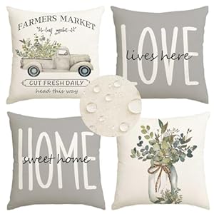 RABUSOFA Waterproof Home Sweet Home Farmhouse Eucalyptus Leaves Outdoor Throw Pillow Covers,18x18 Inch Truck Love Lives here Cushion Case Decorations for Sofa Couch Set of 4 Gray RABUSOFA Waterproof Home Sweet Home Farmhouse Eucalyptus Leaves Outdoor Throw Pillow Covers18x18 Inch Truck Love Lives here Cushion Case Decorations for Sofa Couch Set of 4 Gray
