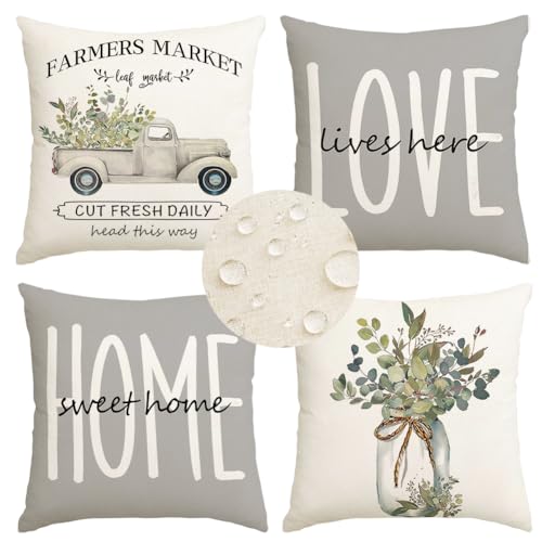 RABUSOFA Waterproof Home Sweet Home Farmhouse Eucalyptus Leaves Outdoor Throw Pillow Covers18x18 Inch Truck Love Lives here Cushion Case Decorations for Sofa Couch Set of 4 Gray