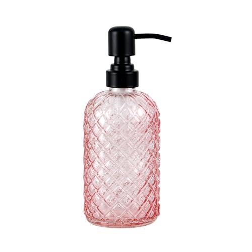 Hzxcuim 12Oz Glass Soap Dispenser with 304 Black Rustproof Stainless-Steel Pump Refillable Glass Soap Dispenser for Kitchen Bathroom Farmhouse (Pink)