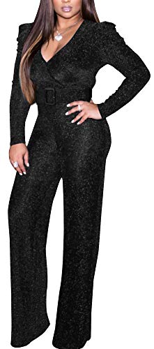 shengfan Plus Size Jumpsuits for Women Sexy Sparkly Elegant Clubwear V Neck Long Sleeve Rompers with Belt