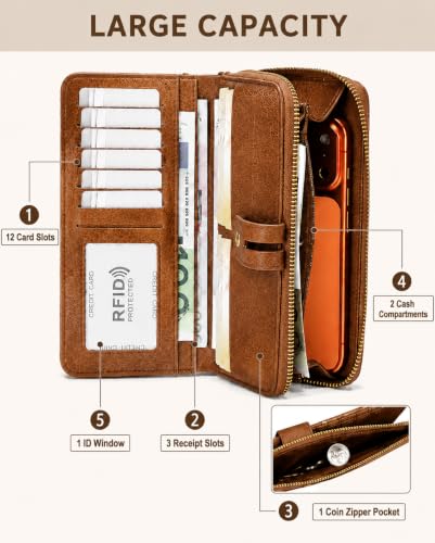 Image of Womens Wallet Rfid Blocking Bifold Leather Wristlet Cute Long Clutch Brown | Large Capacity Card Holder Wallet Purse with Zipper,ID Window,Strap for Female Ladies Teen Girls