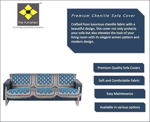 Image of Premium Chenille Woven Anti-Slip 3 Seater Sofa Cover | L-Shape Sofa Seat Protector for Living Room | Durable & Stylish Slipcover - Turquoise - Floral