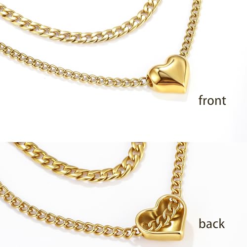 CONRAN KREMIX Waterproof Chunky Gold Heart Pendant Necklace for Women Non Tarnish,14K Gold Plated Stainless Steel Stack Cuba Chain Necklaces,Gift for Women4