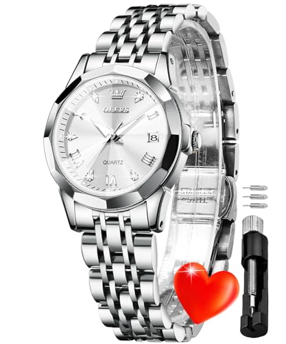 Image of OLEVS Women Watch Silver Stainless Steel Two Tone Fashion Ladies Analog Quartz Waterproof Luminous Date Day Wrist Watches