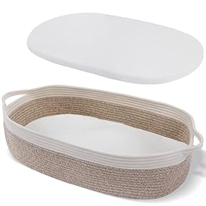 Baby Changing Basket – Moses Basket Boho Nursery Decor Cotton Rope Changing Table Topper with Thick Cotton Foam Pad and…