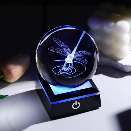 Image of Arikyrist 3D Dragonfly Crystal Ball Figurine with LED Base, Dragonfly Gifts for Men Women on Christmas Birthday, Glass Statue Glass Animals Insect Sphere Decorative Ball for Home Decor (80mm)
