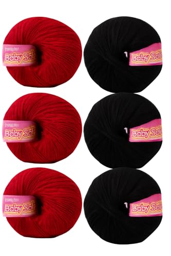 Image of Vardhman BabySoft Knitting Yarn | 100% Acrylic Wool | 4 Ply | Thin Knitting & Crocheting Hook Thread & Lightweight | Special Baby Wool | 150 Grams (6 Balls of 25g) | Machine Washable | Ideal for Blankets, Hats, Booties Ultra-Soft for Baby Sweaters, Blankets, Caps, Socks, Soft toys, Art & craft (Black 21 + Blood Red 19)