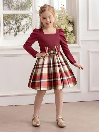 Crazyme Toddler Girl Clothes Square Neck Puff Sleeve Top Bowtie Toddler Dress Plaid Skirt Set Fall Winter Girls Outfits 3T-8Y3