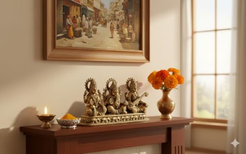 Estatua tradicional de Lakshmi Ganesh Saraswati en latón con acabado antiguo miniatura 4