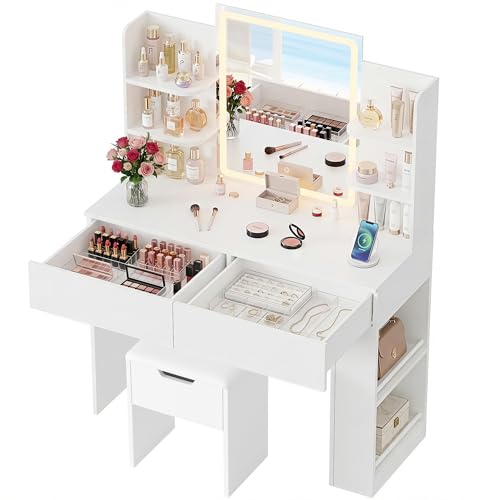 Image of Furmax Vanity Desk with Mirror and LED Lights, White with Bench