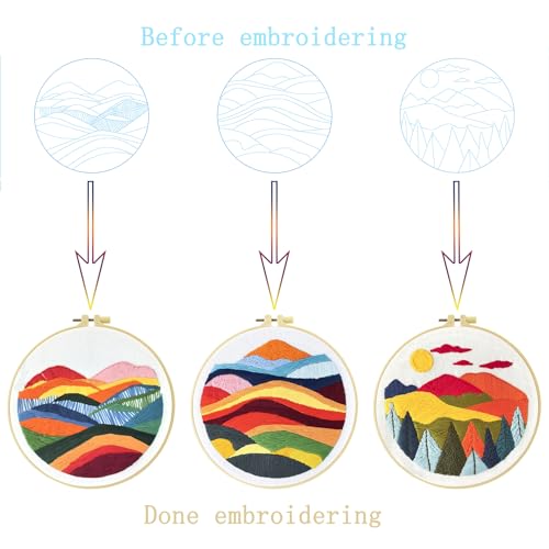 Image of Xinpinzhou 3 Pcs Mountain Landscape Embroidery Kit for Beginners Adults | Beginning Easy Stamped Funny Hand Embroidery Patterns Starter Kits Set Bordado with Cloth, Thread, Needle, Hoop, Scissors
