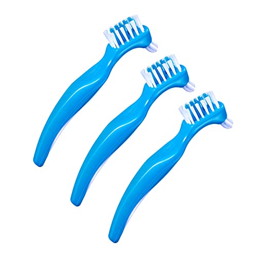 3 cepillos de limpieza de prótesis portátiles con cerdas multicapa moderadas, cepillo de doble cara para limpiar dientes falsos - Azul Cover