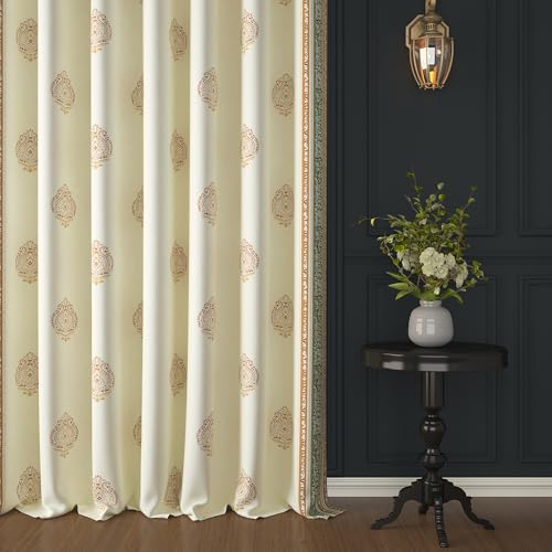 Image of Story@Home Cotton Curtain | Curtains 8 Feet Long Set of 2 | Motif Printed | Bohemian Curtain | Room Darkening Curtain | Semi Long Door Curtains for Living Room | (116 X 242 Cm, Mustard Yellow & Beige)