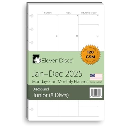 2025 Monthly Planner, Monday Start, Junior Size, 2 Styles (Separated, Booklet), Premium Discbound Notebook Paper for Circa, Arc, TUL (40 Sheets) Cover