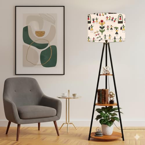 Image of Rellon Floor Lamp with 3 Storage Shelves, Metal FloorLamp for Living Room Standing Home Decoration FloorLamp Shade Reading for,Office,Kitchen,Bedroom (A3)