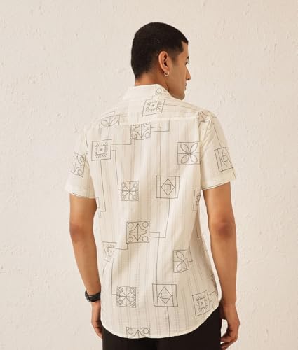 Image of Majestic Man Men's Slim Fit Pure Cotton Printed Casual Shirt - Short Sleeve | Premium Breathable Fabric | Modern Geometric Design
