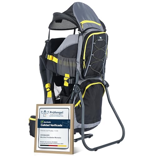 DROMADER Mochila Portabebe Montaña   Portabebes Senderismo hasta 22kg con Protector Solar, Protector de Lluvia, Bolsillo Térmico y Cambiador   Estructura Plegable con Una Mano – Negro y Amarillo
