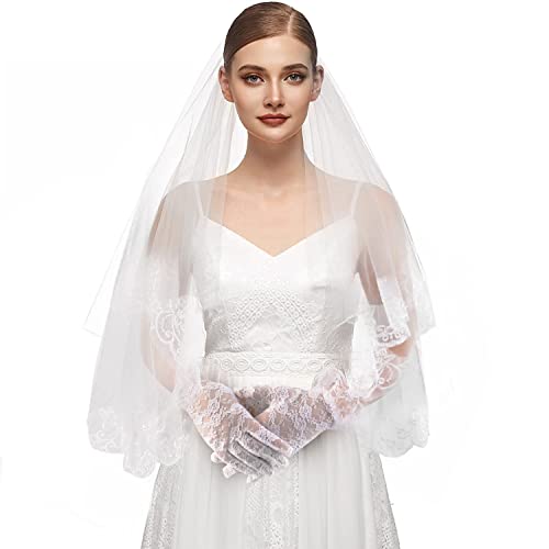 Innens Veils For Brides,Bachelorette Party Decorations,Pearl Veil Bride To Be Gift,Short 2 Tier Cathedral Wedding Veil With Comb And Lace Gloves For Bridal Shower And Wedding White #TOP2