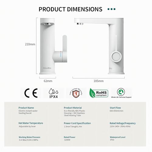Briwellna Electric Faucet Instant Water, Electric Heater Warmwasserhahn für Badezimmerwaschbecken, 220 V elektrischer Durchlauferhitzer mit Digitalanzeige, Durchlauferhitzer-Wasserhahn (Weiß)