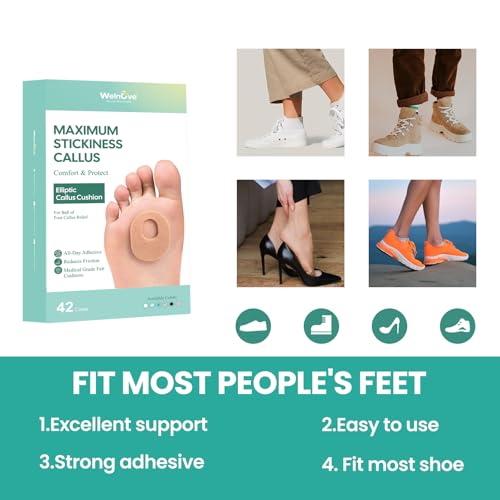 Image of Welnove 42pcs Callus Pad with Water-Resistant Self-Stick Adhesive, Protects Foot, Heel and Toes from Rubbing and Friction,Oval Shape Design,Reduce Pressure and Friction from Shoes Rubbing-Skin Color