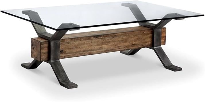 BOWERY HILL Rectangular Cocktail Table, 48 in x 30 in x 17 in, Tempered Glass Top, Reclaimed Wood and Metal, Toasted Acorn and Smoked Iron Finish, Industrial Style Living Room Coffee Table