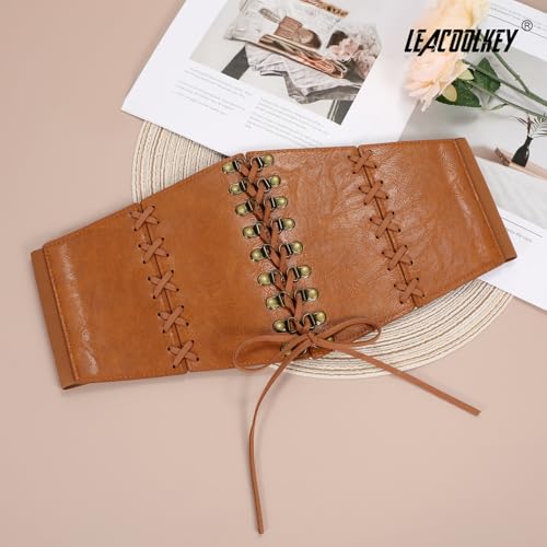 LEACOOLKEY Women's Wide Corset Belt - Vintage Elastic Waist Lace-up Tied Waspie for Dresses and Halloween Costume2