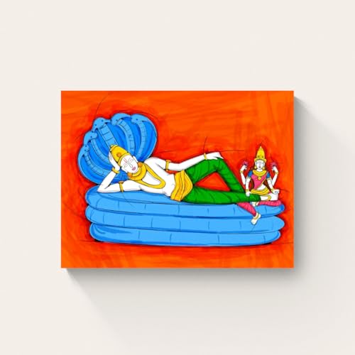 Image of ARTEBELLA Vishnu Reclining on Shesha Naag Canvas Wall Art, Vibrant Orange, Indian Mythological Theme, Home Decor (31.5 in X 42.75 in)