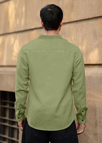 Image of Men's Cotton Casual Shirt, Long Sleeve Button Down, Mandarin Collar, Mustard Yellow, Brown, Rust Colours