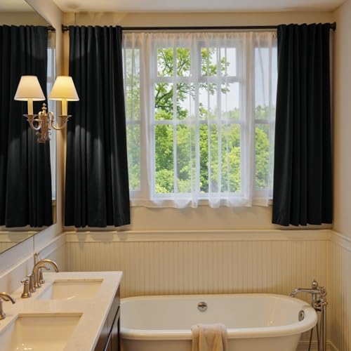 Image of Blackout Black Velvet Curtains Rod Pocket 52x63 Inch 2 Panels | Soft Velvet, For Small Windows, Kitchens & Bathrooms, Light Shifting Texture, Elegant Drape, Classic