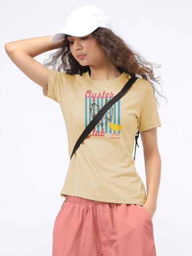 Image of Nobero Women's Graphic Printed T-Shirt | Regular Fit 180 GSM Cotton Tee for Women | Comfortable Round Neck Casual Wear