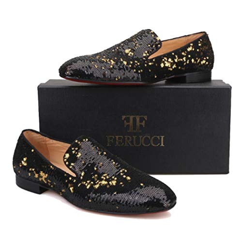 Ferucci Men Black Gold Sequins Slippers Loafers Flats (10) #TOP1