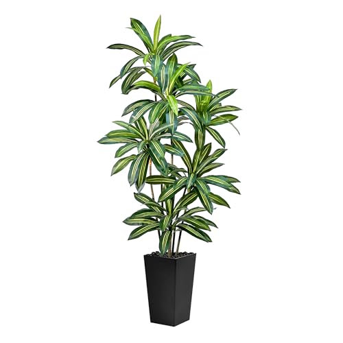 Artificial Dracaena Tree 5FT Tall Fake Plant with White Planter - Realistic Faux Dragon Tree with...