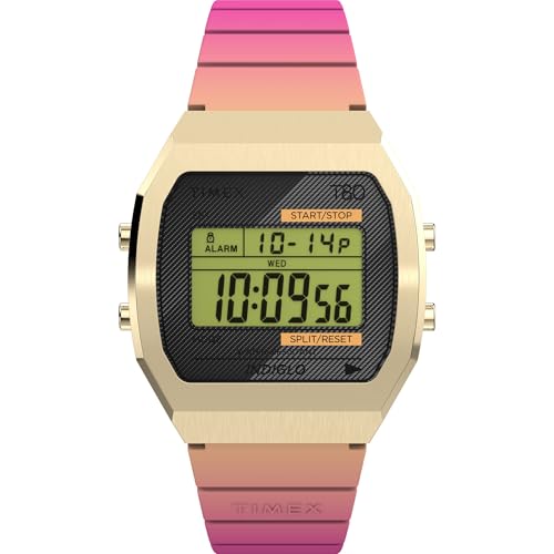 Timex T80 Unisex-Armbanduhr, 36 mm, rosa Kunstharzarmband, digitales Zifferblatt, goldfarbenes Gehäuse TW2V74400
