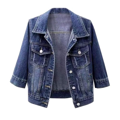 Button down Short Sleeve Cropped Jean Jackets, Lapel 3/4 Sleeve Denim Cropped Jacket for Women Lightweight Stretch Soft Coats