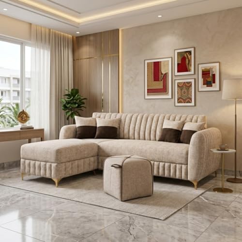 Image of CASASTYLE Signature Velour 4-Seater L-Shape Sofa Set with Movable Ottoman & Suri Pouf | Flexible LHS /RHS Layout | Boucle Weave Fabric | 40D Foam + Zigzag Spring | 3-Yr Warranty (Sandstone Beige)