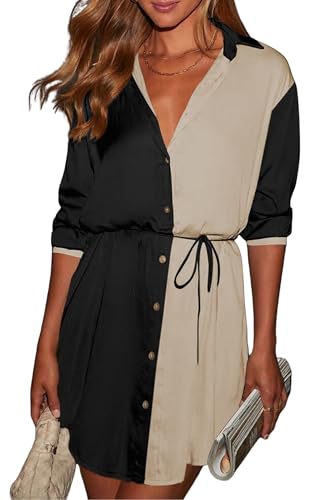 Image of ECOWISH Womens Button Shirt Dress with Pockets Fall Summer Short Mini Dresses Long Sleeve 3 /4 Sleeve Long Tunics Blouse Belt