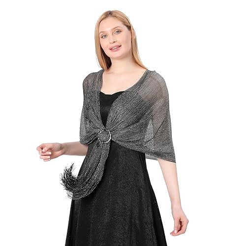 Image of Stoles for Evening Dress with Buckle, Fringes - Polyester Blend, Shimmer Stole Wraps for Weddings, Party | Women's Clothing