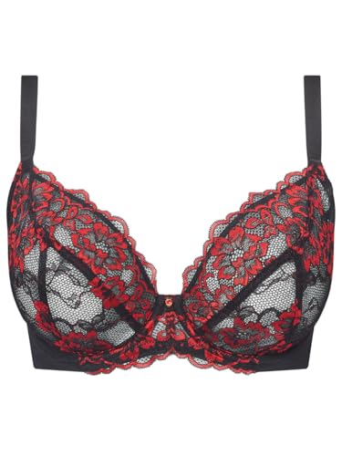 Ann Summers Sexy Lace Fuller Bust Non Padded Plunge Bra Curve-Enhancing Womens Underwear with Underwire Support, Sheer Lace Cups & Power Mesh Wings Black/Red