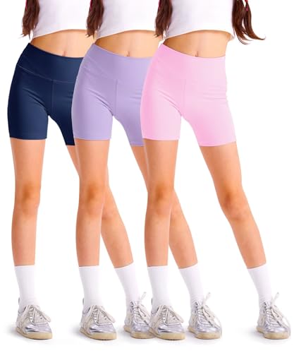 Image of 3 Pack Girls 4'' High Waisted Biker Shorts, Athletic Yoga Shorts | Easy to change & wash, Machine Washable, Buttery Soft Stretchy Fabric, Squat Proof, Non-See-Through, Size Kids & Teens